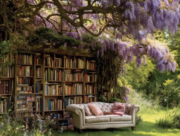 Bibliothèque dans un jardin fleuri, ambiance de cosy fantasy